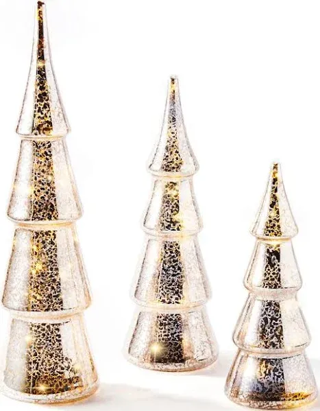  Table Top Christmas Tree Decorations with Fairy Lights, Set of 3 Silver