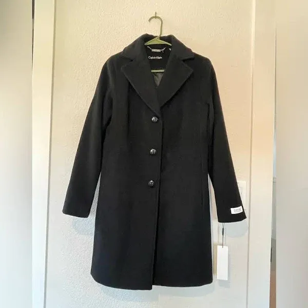 Calvin Klein Women's Single-Breasted Button Coat Wool Cashmere Blend Black 8 NWT