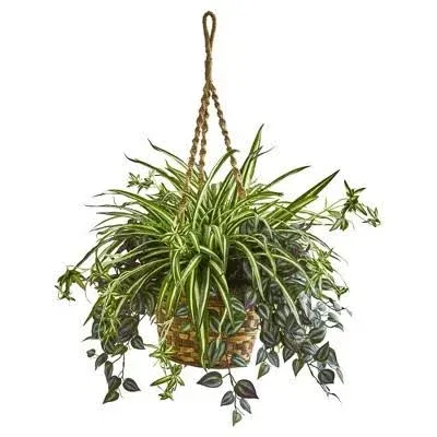 Nearly Natural 30" Wandering Jew & Spider Artificial Plant in Hanging Basket