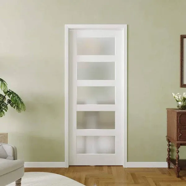 24in. x 80in. Interior Sliding Door, 5 Lites Frosted Glass Solid Wood MDF White Pantry Door Panels, Single Slab Finished