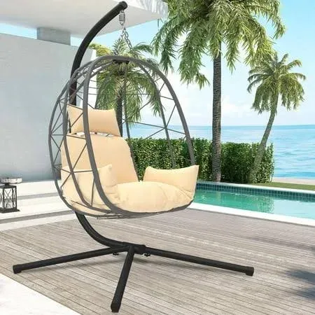 Outdoor Egg Chair, Patio Wicker Swing Egg Chair with Stand, Steel Frame Hanging Chair with Soft Cushion and Pillow for Bedroom Patio Balcony