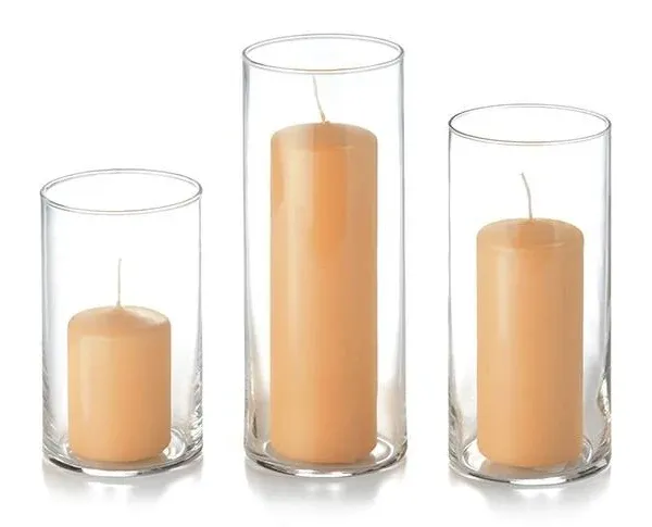 Set of 12 Slim Pillar Candles and Cylinder Vases