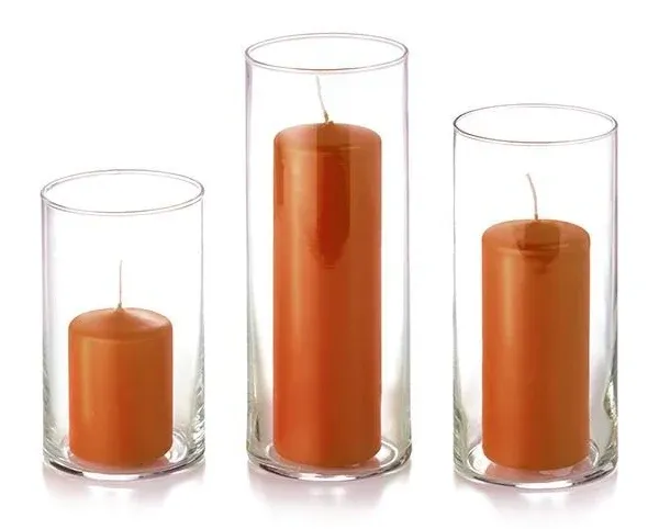 Set of 12 Slim Pillar Candles and Cylinder Vases