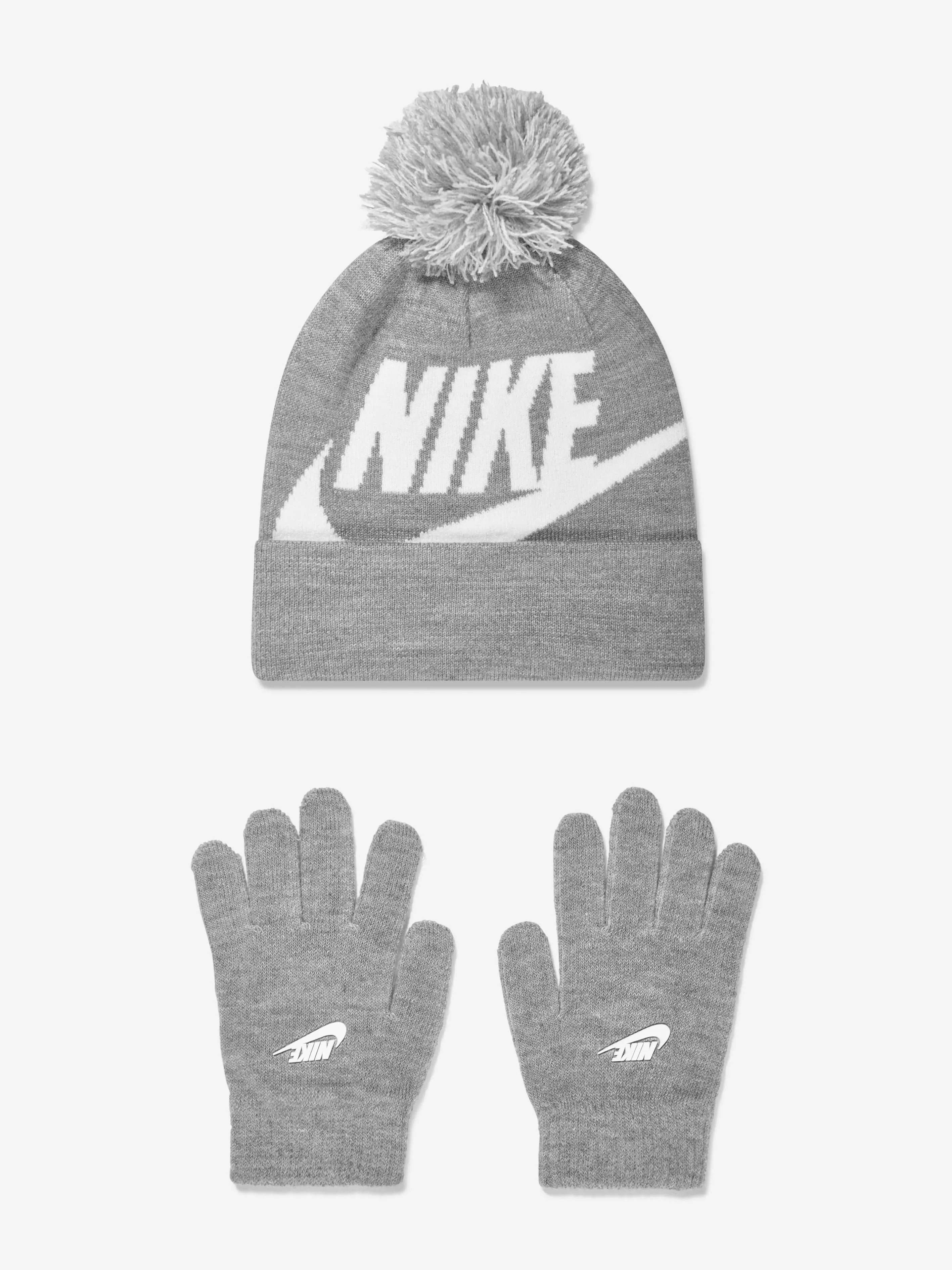 Nike Grey Swoosh Pom Beanie Hat And Gloves Set 116122cm Boys