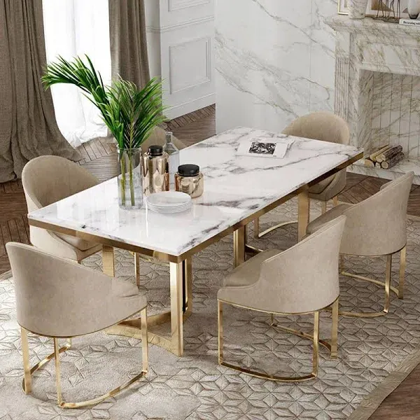 POVISON Marble Dining Table for 6, Modern Dining Room Table 71" for Kitchen & Dining Room, Luxury Black Dining Room Table with Gold Trestle Pedestal(Dining Table Only)