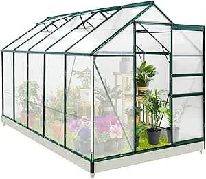 EAGLE PEAK 10x6x7 Outdoor Walk-in Hobby Greenhouse with Adjustable Roof Vent, Rain Gutter, Base and Anchor, Polycarbonate Aluminum Green House for Backyard Garden, Dark Green