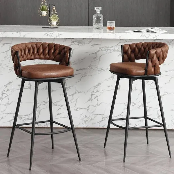 BFZ Modern Bar Stools Set of 2, 30" Bar Height Barstools, 180° Swivel Suede Fabric Stool Chairs with Woven Back and Footrest for Kitchen Island, Cafe, Pub, Bar Counter