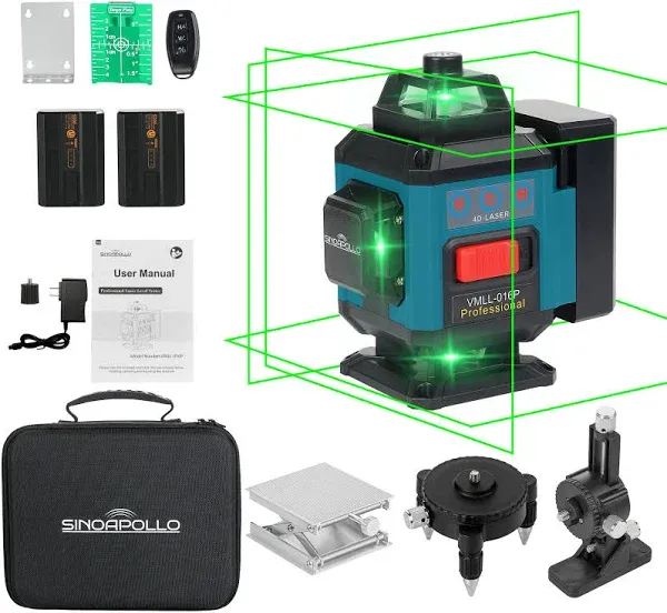 SinoApollo 4D Compact 16 line lase level Self Leveling 4 * 360 Green Cross line Laser for Construction,Picture Hanging,with 2 5200 mAh Type-C