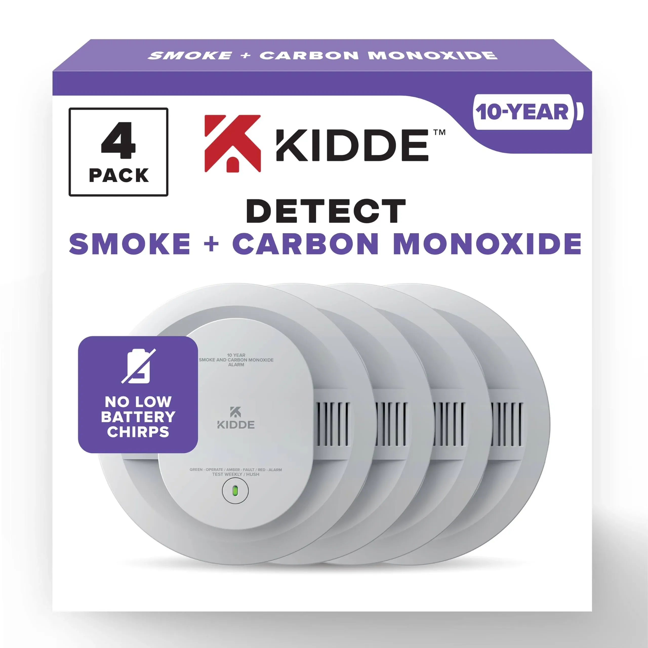 Kidde Smoke &amp; Carbon Monoxide Detector, AA Battery Powered, LED 4 Pack