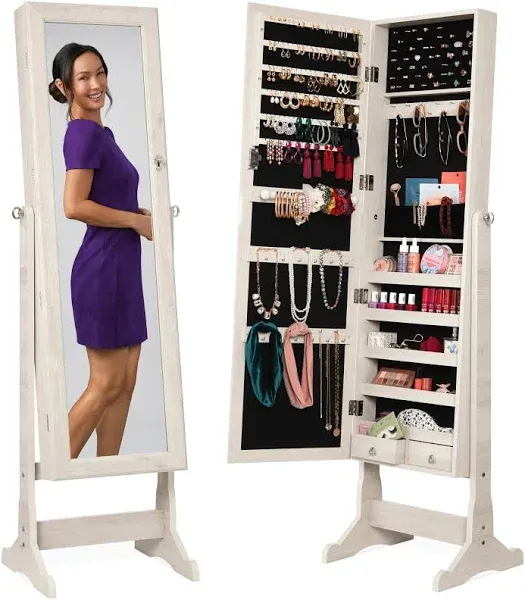 Best Choice Products Jewelry Armoire Cabinet, Full Length Mirror w/ Velvet Storage Interior, Lock