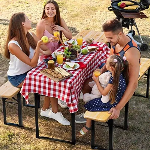 VINGLI 3 Pcs Wooden Folding Picnic Tables with Benches Set for Garden Camping BBQ