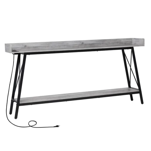 70.9 inch Extra Long Console Table with 2 Power Outlets & USB Ports, Rustic Industrial Sofa Table Behind Couch for Living Room, Narrow Entryway Hallway Long Bar Table (Grey)