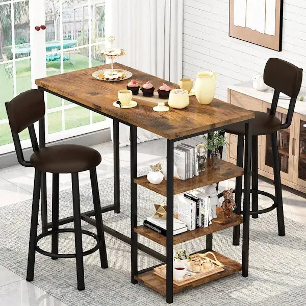 Lttromat Kitchen Dining Table Set for 2, Bar Table and Chairs Set with 3 Storage Shelves