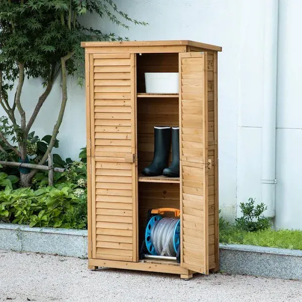 TAKUKA Outdoor Storage Cabinet with 3 Shelves, Wooden Garden Shed with Double Doors& Waterproof Roof, Outside Utility Tall Tool Organizer for Garden Farm Backyard