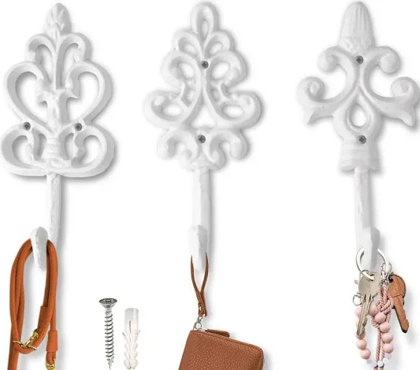 Set of 3 Shabby Chic Cast Iron Decorative Wall Mount Hooks French Country Charm