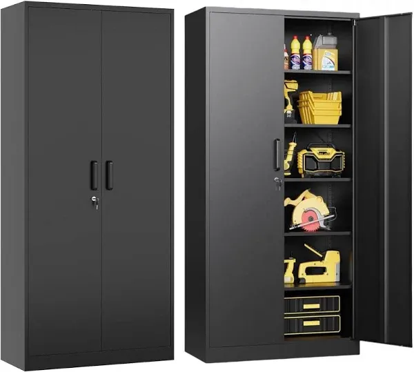 Metal Storage Cabinet, Kitchen Pantry Cabinet, Storage Cabinet with Doors and Shelves, Adjustable Shelves Garage Storage Cabinet with Lock, Tool 71'H Black