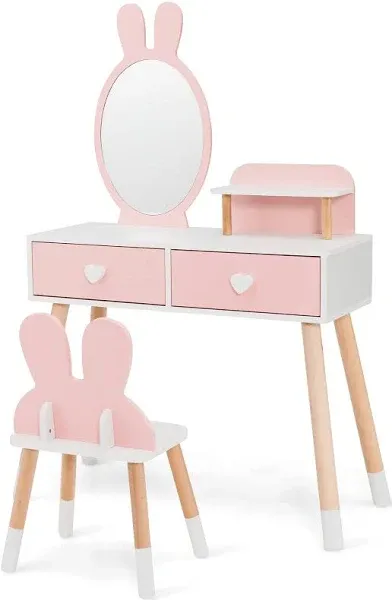 INFANS Kids Vanity Set, 2 in 1 Wooden Princess Makeup Table and Chair with Mirror Storage Drawers Shelf, for Little Girls, Rabbit Themed Toddler Dressing Desk Beauty Play Set Gift