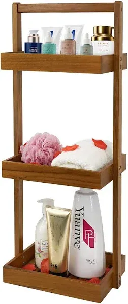 Teak 3 Tier Standing Shower Caddy Corner