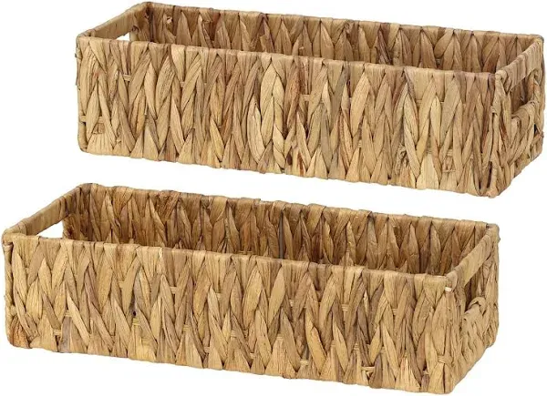 [2-Pack, 2-Size Wicker Storage Baskets with Handles, Water Hyacinth Storage Baskets, Handwoven Baskets for Shelves, Kitchen, Bathroom or Bedroom (Rectangle, Large 16″ & Small 15″)