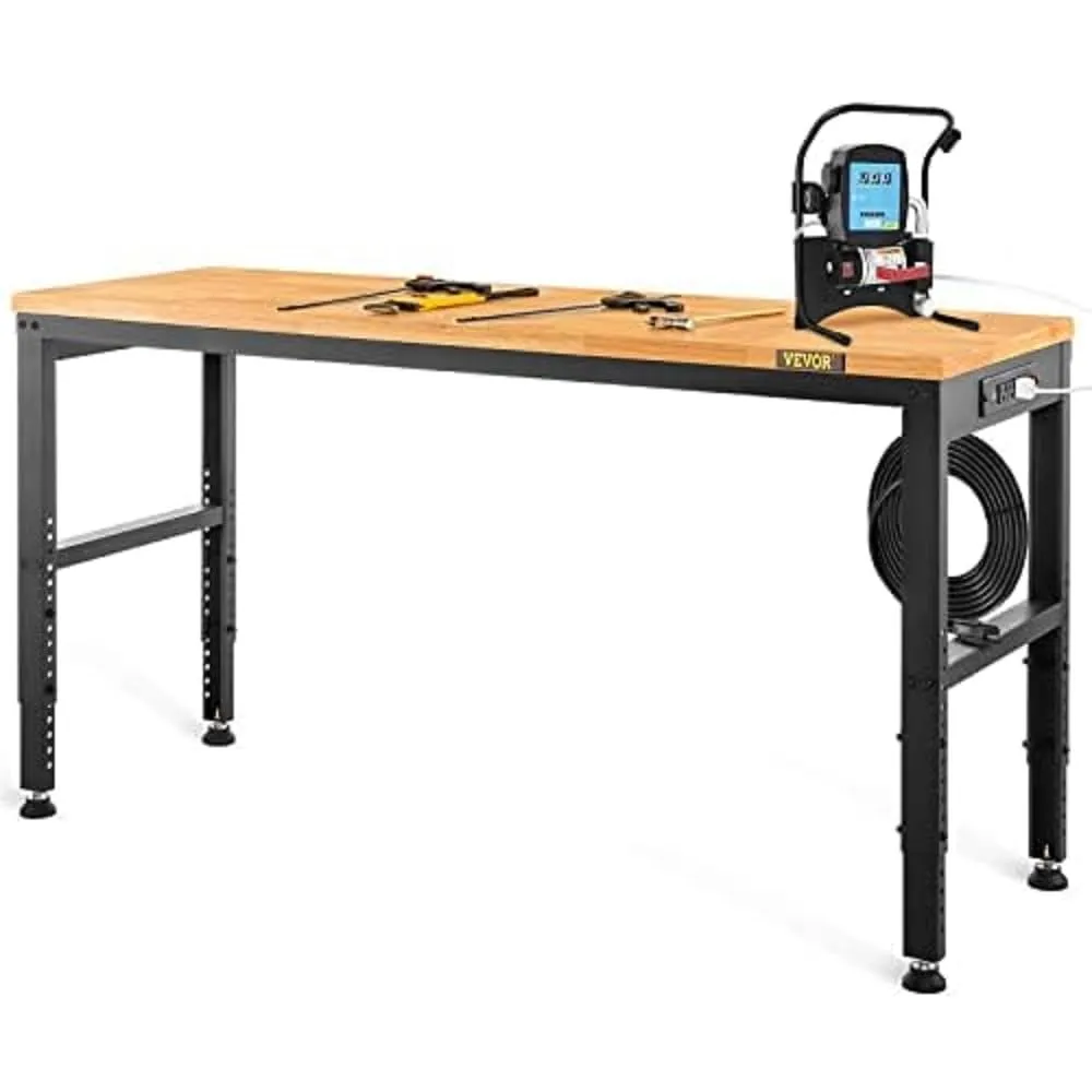 VEVOR Workbenches, 11-Level Adjustable Workbench with 2000 LBS Load Capacity, 48" L X 20" W Work Benches with Power Outlets & Metal Frame & Foot Pads, Hardwood Work Bench for Office Home Garage