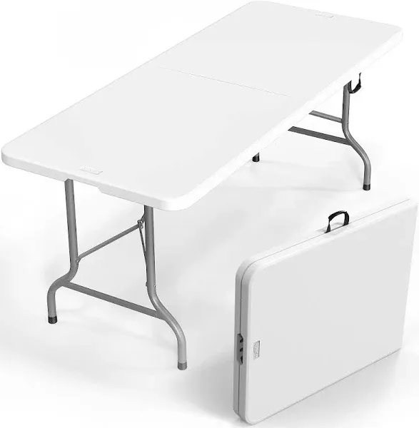 Vingli Plastic Folding Table Portable Long White Table for Indoor Outdoor Use Rectangular with Carrying Handle