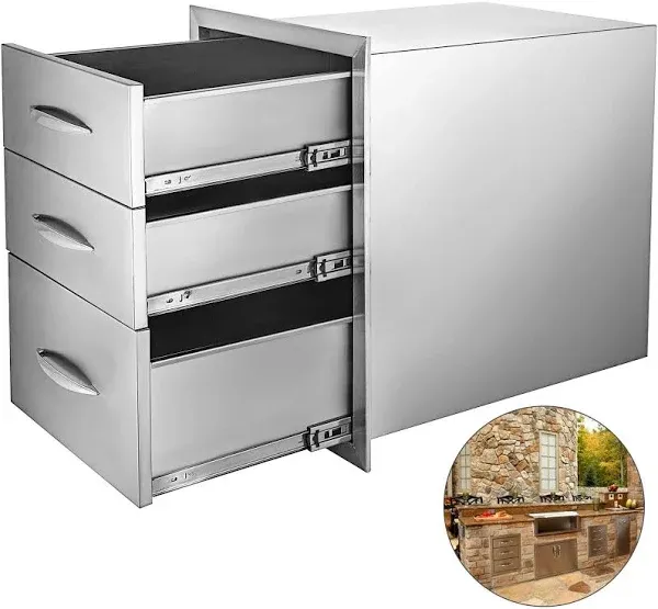 VEVOR 18x23in Outdoor Kitchen Stainless Steel Triple Access BBQ Drawers with Chrome Handle - Silver