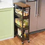 XYZLVSI Slim Storage Cart 4 Tier Narrow Kitchen Rolling Cart On Wheels for Small Space, Mobile Utility Cart Shelving Unit with Wooden Top and Metal