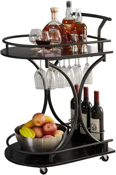 2-Tier Bar Cart, Bar Serving Cart, Industrial Style Wine Cart, Beverage Cart, Wine Rack and Glass Holder