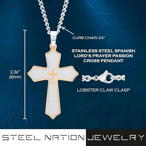 Men's Stainless Steel Lord's Prayer Cross Pendant Necklace