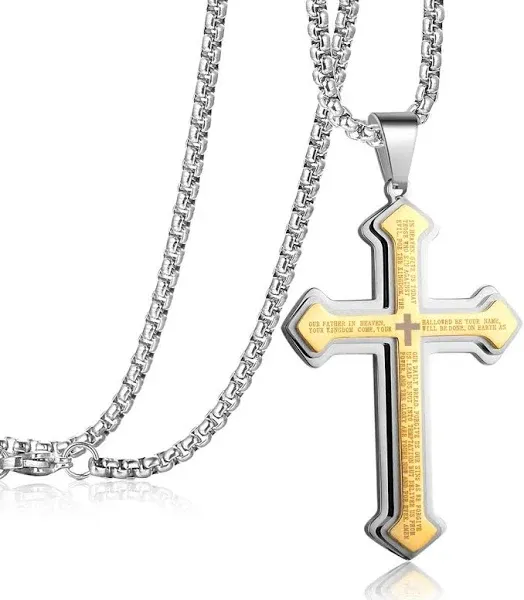 Men's Stainless Steel Lord's Prayer Cross Pendant Necklace