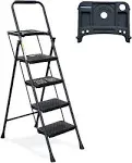 HBTower KQ0004-BK 4 Step Ladder, Folding Step Stool with Tool Platform, Wide Anti-Slip Pedal, Sturdy Steel Ladder, Convenient Handgrip