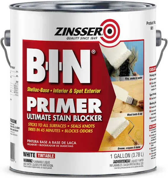 Zinsser B-I-N White Flat Shellac-Based Primer Paint Ultimate Stain Blocker 1 Gal