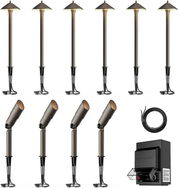  12V AC Landscape Lighting Kit with 6PCS 10W Bronze Halogen Pathway Lights &amp; 