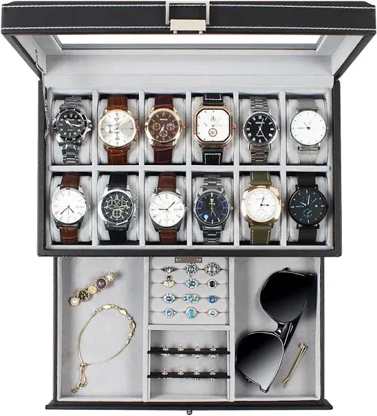 Watch Box, 12 Slot Watch Case, Watch Cases for men with Real Glass Lid, Synthetic Leather Watch Organizer storage with Jewelry Case, Birthday for Men and Women,(Black, 2 Layer 12 slot)