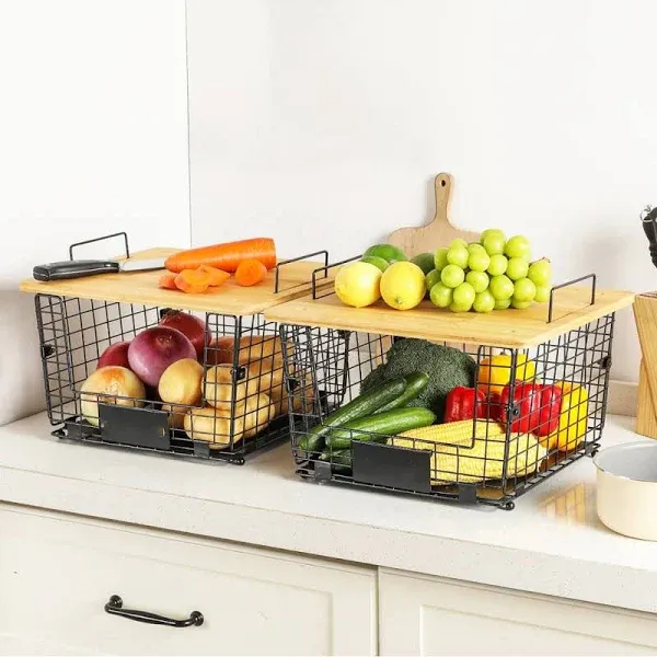 2 Pack Stackable Wire Baskets with Bamboo Top for Pantry Organizers and Storage,