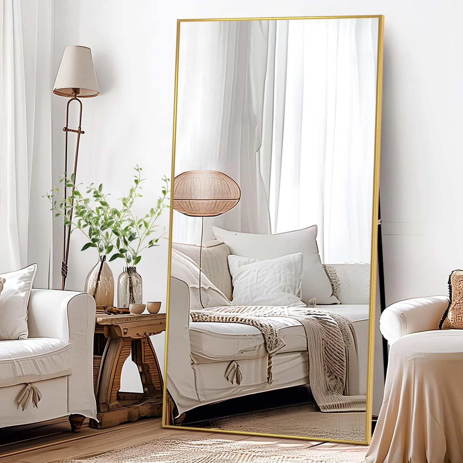 Full Length Mirror, 75"x35" Large Mirror Full Length Full Body Mirror with Aluminum Alloy Frame, Free Standing Mirror, Floor Mirror Hanging or Leaning Against Wall, Gold