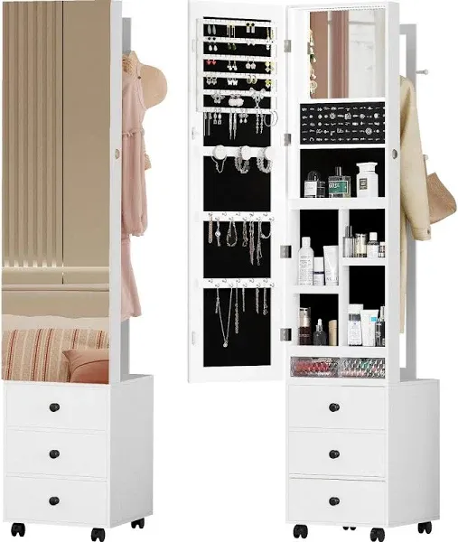 IRONCK Jewelry Cabinet with 3 Drawers, Lockable Standing Jewelry Armoire Organizer with Garment Rack, Full Length Mirror with Jewelry Storage and 4 Wheels for Bedroom, Cloakroom, White