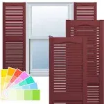 Lifetime Vinyl, Standard Cathedral Top Center Mullion, Open Louver Shutters, w/Instl (Pair) - Wineberry - 14 1/2"W x 60"H