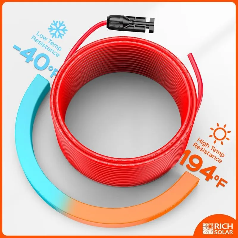 10 Gauge Solar Panel Extension Cable with Male and Female Solar Connector Ends | Pair of 10AWG Red and Black Extension Wire with Connectors on Both Ends | Choose Cable Length: 10ft, 15ft, 20ft, 30ft, 50ft, 75ft, 100ft