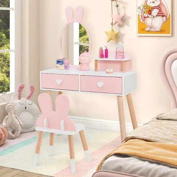 INFANS Kids Vanity Set 2 in 1 Wooden Princess Makeup Table Chair Mirror