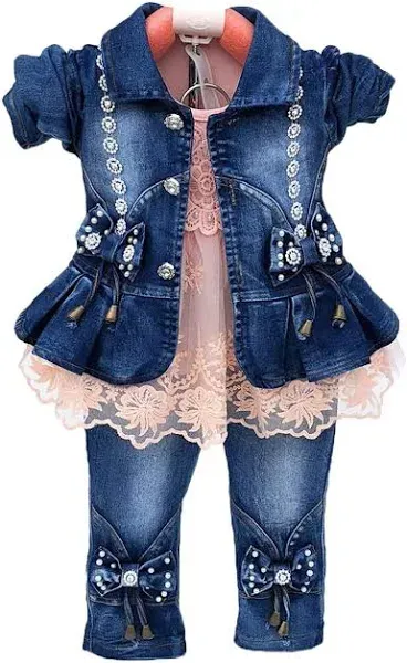 Girls Peacolate Spring Autumn Clothing Set 3pcs Long Sleeve T-shirt Denim Jacket and Jeans