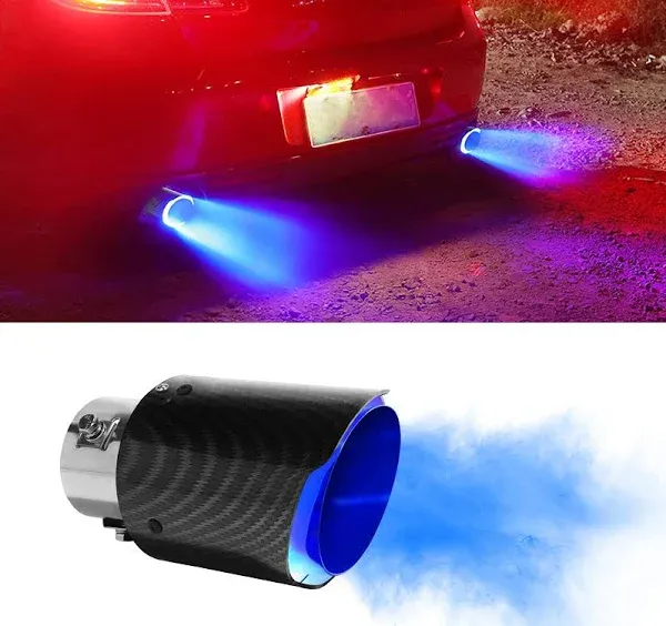 Vechkom 2.5 inch Inlet Carbon Fiber Exhaust Tip with Blue LED Light Stainles Steel Muffler Tip Modification Luminous Tube