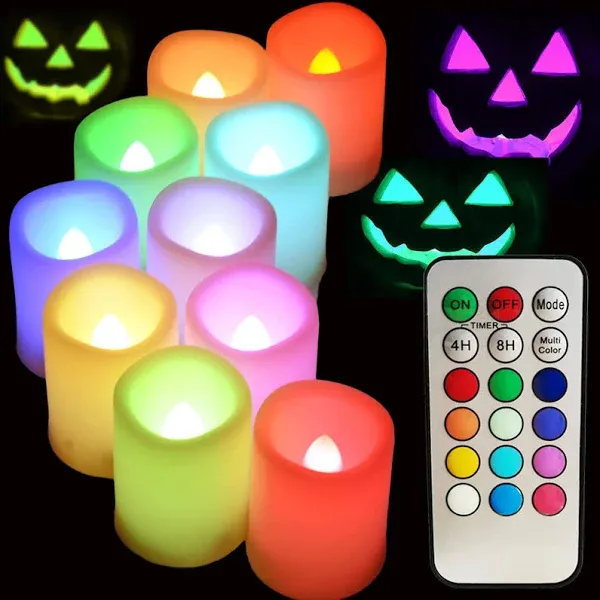 Colored Flameless Votive Candles with Timer-Color Changing Led Tea Light,Battery Operated RGB Votive Candles,Rainbow Tealights for Halloween,Valentine day,Christmas Party Decor,1.5"x 2",Set of 10