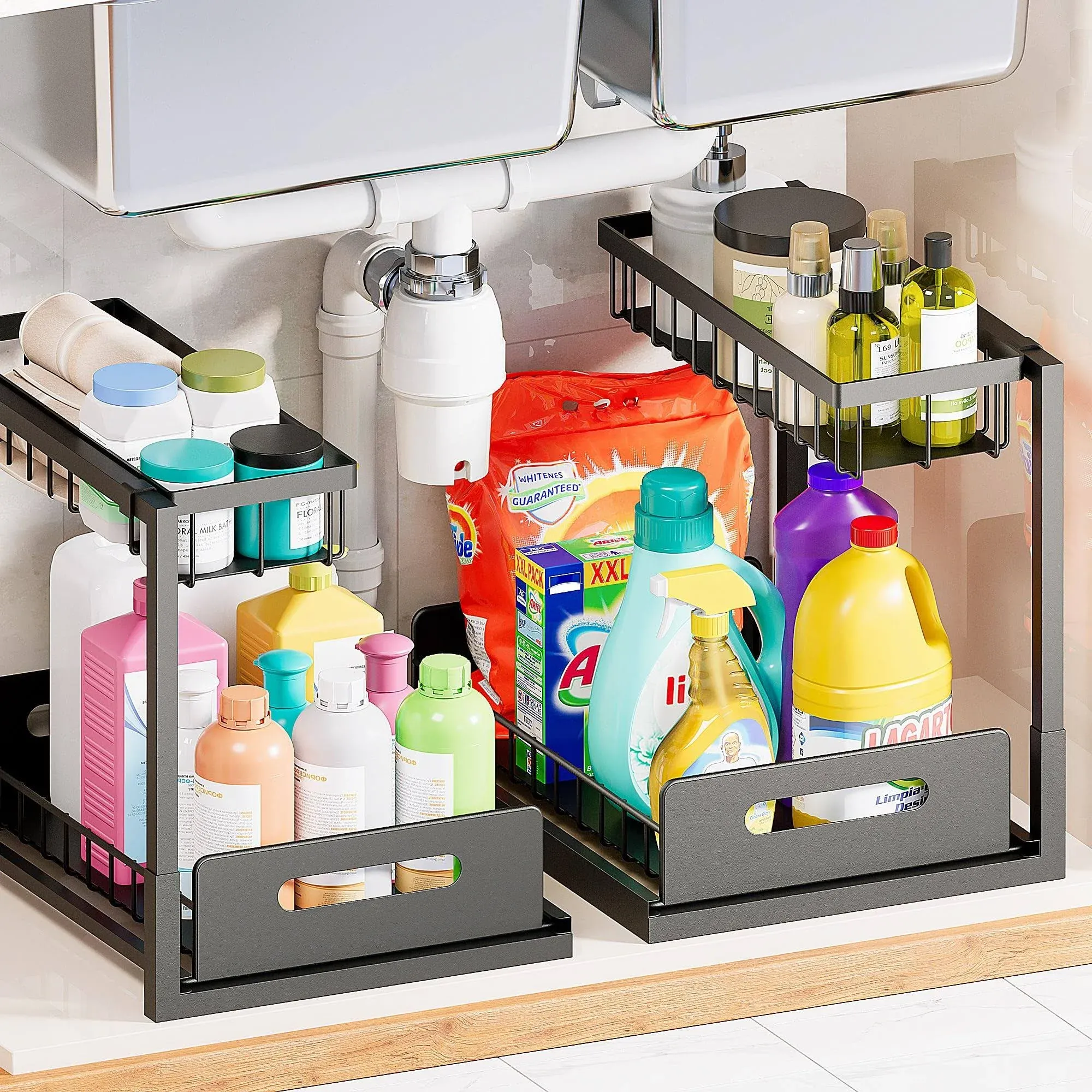 VUSIGN Under Sink Organizer and Storage, Slide Out Cabinet Organizer, Pull Out Sink Shelf for Kitchen Bathroom Laundry, Black, 2 Pack