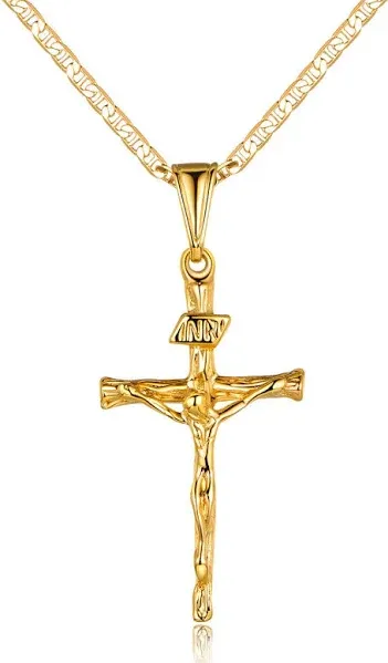 Cross Necklace for Women &amp; Men 18K Gold Plated Flat Mariner/Marina 060 3MM Ch...