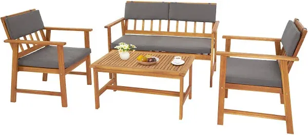 VINGLI Outdoor Patio Furniture 4 Piece Acacia Wood Sofa Set with Coffee Table, Patio Table, and Chair