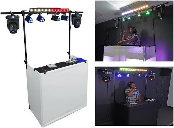 Rockville ROCKBOOTH TRUSS DJ Booth With Facade, 2-Tier Tables, Truss, Scrims, and Travel Bag, XL Size (48.5" L x 24" D x 44" H), Sturdy, Portable, Quick Setup