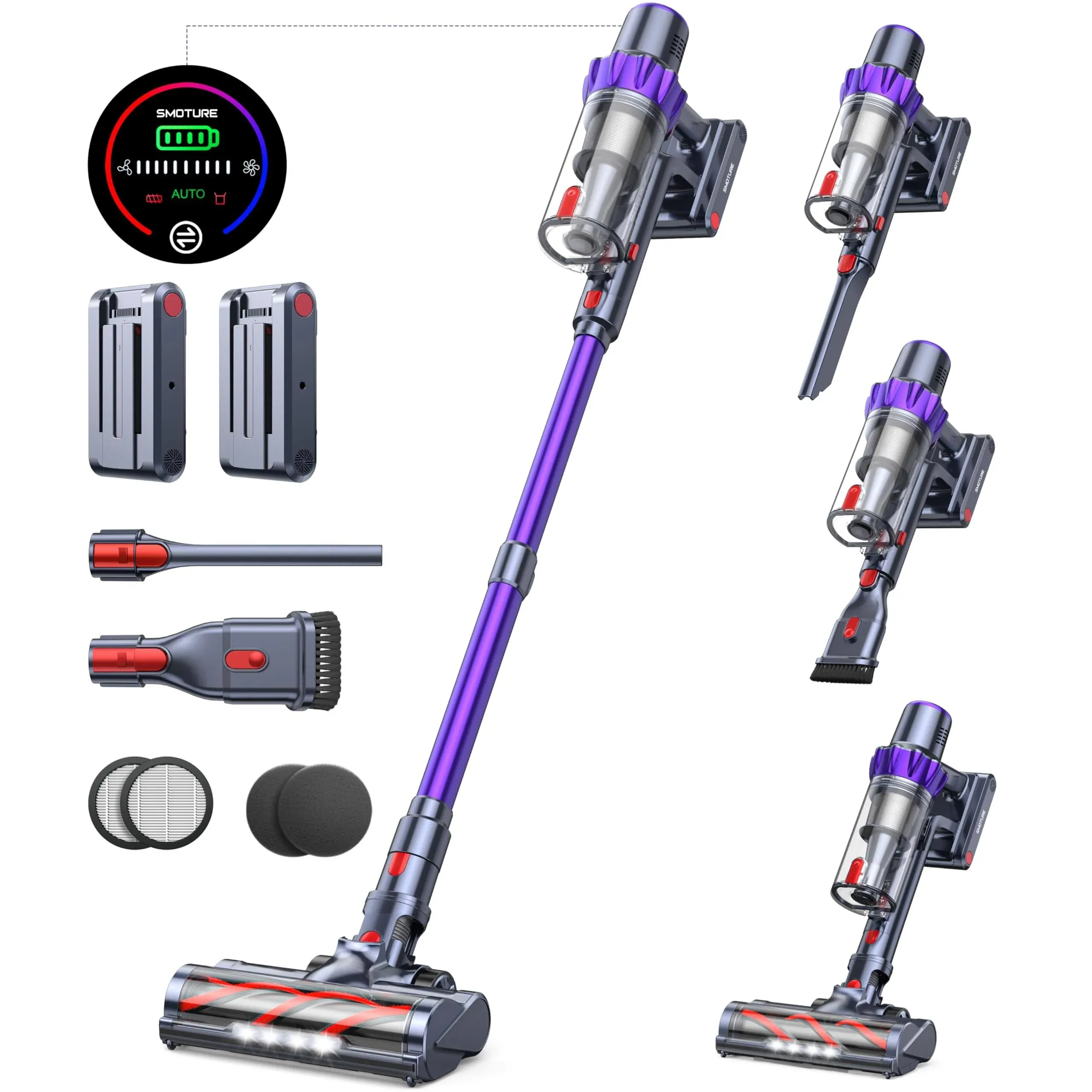 SMOTURE Cordless Vacuum Cleaner, 2 Batteries 110 Mins Runtime Vacuum Cleaners for Home, 40Kpa 450W Stick Vacuum with Brushless Motor, Automatically