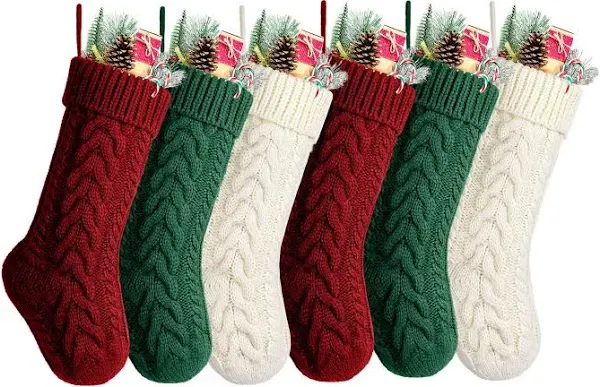 Christmas Stockings,Pack 6 18 inches Large Size Cable Knit Burgundy and Ivory Green Xmas Stockings for Family Holiday Season Decor