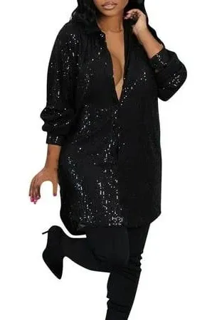 Xpluswear Plus Size Casual Sequin V Neck Collar Long Sleeve Shirts